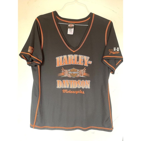 Harley Davidson XL Short Sleeve Women's Baseball Style Jersey Black Orange VA - Picture 1 of 14